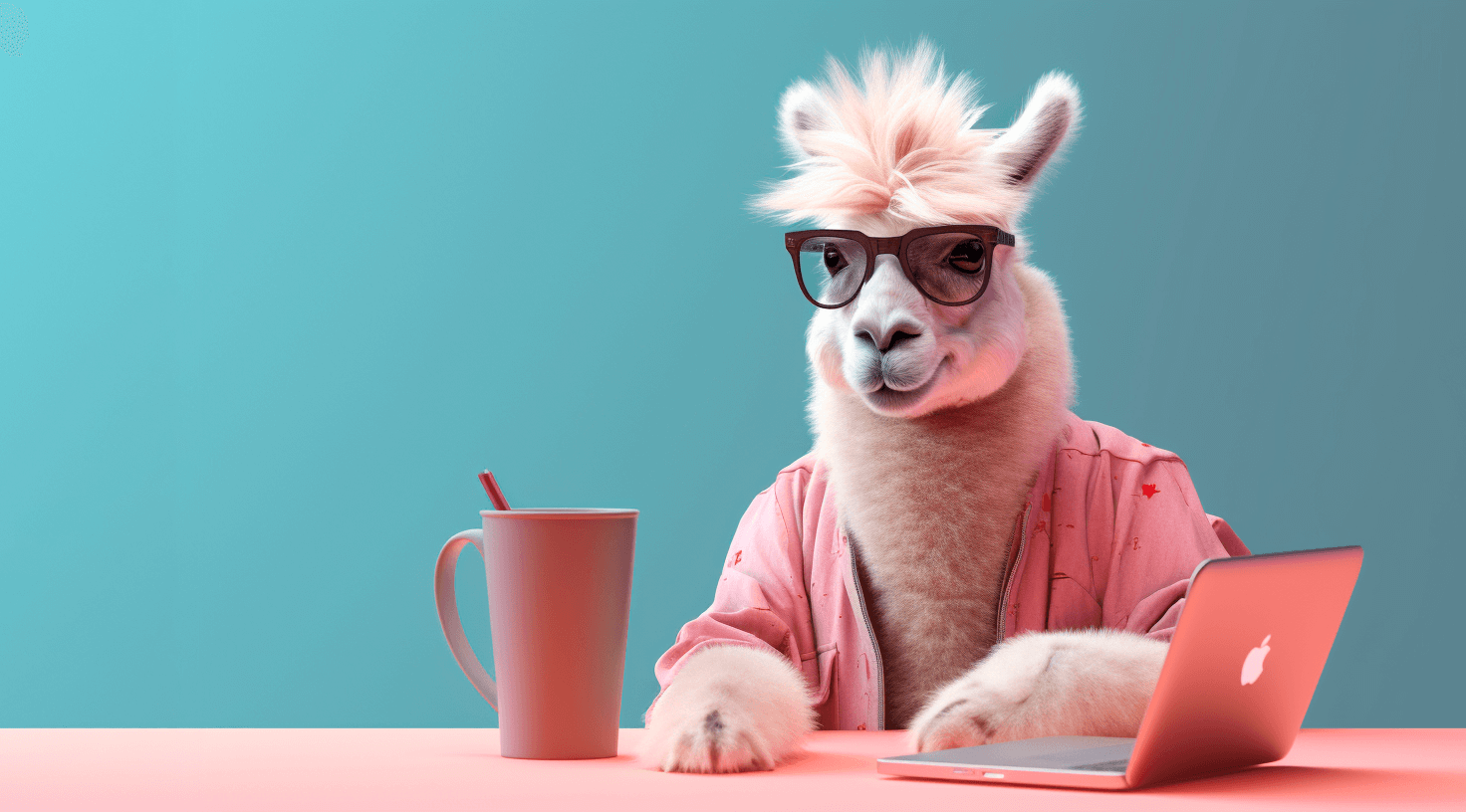 Llama in his desk with notebook and coffee